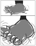  5_fingers anthro barefoot black_and_white bottomwear caseyljones claws clothed clothing comic dragon feet fingers foot_fetish foot_focus growth hyper macro male monochrome pants simple_background solo toe_claws toes transformation what white_background why 