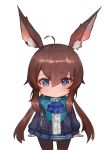  +_+ 1girl ahoge amiya_(arknights) animal_ear_fluff animal_ears arknights ascot bangs blue_eyes blue_jacket blue_neckwear blue_skirt blush brown_hair brown_legwear bunny_ears chibi closed_mouth dokomon eyebrows_visible_through_hair hair_between_eyes highres jacket long_hair long_sleeves looking_at_viewer low_twintails open_clothes open_jacket pantyhose pleated_skirt shirt sidelocks simple_background skirt solo twintails very_long_hair white_background white_shirt 