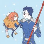  1boy 1girl ahoge armor aru_u1g blue_hair cu_chulainn_(fate)_(all) earrings fate/grand_order fate/stay_night fate_(series) fujimaru_ritsuka_(female) gae_bolg hair_ornament hair_scrunchie holding holding_spear holding_weapon jewelry lancer long_hair long_sleeves one_side_up orange_eyes orange_hair polearm ponytail red_eyes scrunchie short_hair side_ponytail spear weapon yellow_scrunchie 