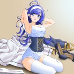 1girl ahoge blue_eyes blue_hair blush breasts chaesu clothes_removed dress embarrassed hairband high_heels huge_ahoge long_hair looking_at_viewer medium_breasts open_mouth orie_(under_night_in-birth) solo thighhighs under_night_in-birth undressing very_long_hair white_hairband white_legwear 