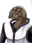  2019 adleisio alien anthro black_clothing black_shirt black_topwear brown_body brown_skin bust_portrait clothed clothing coat halo halo_(series) hi_res looking_at_viewer male microsoft portrait sangheili scientist shirt simple_background sleeveless solo topwear vest video_games watermark white_background white_coat xbox_game_studios yellow_eyes 