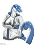  2019 adleisio anthro breasts cleavage clothed clothing female gecko hi_res hybrid invalid_tag jacket lizard portrait reptile scalie simple_background snake solo suggestive topwear 