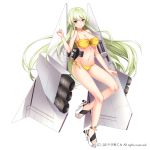  1girl bangs bare_arms bare_legs bare_shoulders bikini blue_eyes blush breasts character_request cleavage closed_mouth collarbone eyebrows_visible_through_hair flower full_body green_hair groin halter_top halterneck hand_up high_heels itou_nanami kuusen_otome_sky_valkyries mecha_musume medium_breasts navel official_art platform_footwear simple_background smile solo sunflower swimsuit watermark white_background white_footwear yellow_bikini yellow_flower 