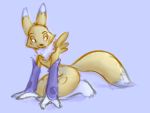  4:3 anthro bluedouble chest_tuft clothing digimon digimon_(species) dipstick_ears dipstick_tail fur gloves handwear kneeling multicolored_ears multicolored_tail purple_background renamon simple_background solo tuft white_body white_fur yellow_body yellow_fur 