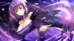  1girl bare_shoulders black_bow bow breasts cleavage dated detached_collar dress dutch_angle fate/grand_order fate_(series) hair_bow holding holding_wand huge_breasts long_hair looking_at_viewer parted_lips purple_background purple_dress purple_hair purple_theme red_eyes scathach_(fate)_(all) scathach_skadi_(fate/grand_order) smile solo strapless strapless_dress twitter_username upper_body vilor wand 