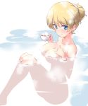  1girl absurdres alternate_hairstyle bangs blonde_hair blue_eyes breasts cleavage closed_mouth commentary cup darjeeling dated eyebrows_visible_through_hair girls_und_panzer hair_bun hair_tie hand_on_own_chest highres holding holding_cup kuzuryuu_kennosuke looking_at_viewer medium_breasts onsen partially_submerged short_hair sitting smile solo steam sweat teacup twitter_username white_background 