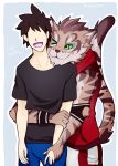  2017 5_fingers anthro biped clothed clothing domestic_cat duo felid feline felis fingers front_view fur green_eyes hair hi_res human humanoid_hands male mammal nekojishi one_eye_closed open_mouth open_smile shu-chi simple_background smile standing wengekalpark 