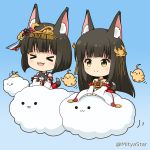  &gt;_&lt; 2girls :d animal animal_ear_fluff animal_ears animal_hug azur_lane bangs bird black_hair blue_background blush brown_eyes cat chibi chick closed_eyes closed_mouth cloud commentary_request detached_sleeves dress eyebrows_visible_through_hair fang fox_ears fox_girl fox_tail headpiece long_hair long_sleeves manjuu_(azur_lane) miicha multiple_girls mutsu_(azur_lane) nagato_(azur_lane) open_mouth pleated_dress red_dress sidelocks sleeves_past_wrists smile strapless strapless_dress tail twitter_username very_long_hair white_sleeves wide_sleeves xd 