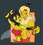  antennae_(anatomy) arthropod bee black_eyes black_hair blonde_hair blue_eyes breasts cherry_(6liza6) cleavage clothed clothing dewey_(slb) duo female fully_clothed hair hymenopteran insect insect_wings male male/female non-mammal_breasts short_hair slb small_waist topless wasp wings yellow_body yellow_skin 
