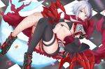  1girl admiral_graf_spee_(azur_lane) admiral_graf_spee_(ironblood_cutie)_(azur_lane) ahoge asymmetrical_legwear azur_lane belt_boots bikini black_bikini black_legwear blue_eyes boots breasts checkered checkered_floor claws commentary_request cross-laced_footwear fishnet_legwear fishnets highres idol looking_at_viewer lying miniskirt multicolored_hair nayuta_hilo on_back on_floor parted_lips red_skirt scarf shark_tail short_hair short_sleeves silver_hair skirt small_breasts solo stomach streaked_hair swimsuit thigh_strap thighhighs 