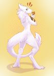  ! 2019 4_fingers claws digital_media_(artwork) doughnut ear_piercing ear_ring eating fingers food fur green_eyes hi_res looking_at_viewer looking_back omesore piercing sergal simple_background solo standing surprise toes white_body white_fur yellow_background 
