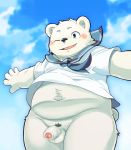  2015 anthro balls blush bottomless censored clothed clothing hi_res male mammal nikubo overweight penis pubes sky slightly_chubby smile solo ursid 
