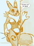  anthro bluedouble breasts clothing dialogue digimon digimon_(species) english_text fluffy fluffy_tail hi_res neck_tuft onomatopoeia renamon solo sound_effects speech_bubble standing text thong tuft underwear 