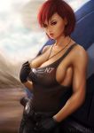  1girl artist_name bangs bare_shoulders belt black_gloves black_pants black_tank_top breasts buckle cleavage collarbone commander_shepard_(female) commentary dog_tags fingerless_gloves game gloves grey_eyes large_breasts lips looking_at_viewer mass_effect outdoors pants parted_lips red_hair short_hair signature solo tank_top tank_top_tug toned yupachu 