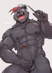  2019 5_fingers abs accessory anthro balls biceps big_muscles black_balls black_body black_fur black_nipples black_nose black_penis claws cock_ring digital_media_(artwork) erection facial_piercing felid fingers food frenulum fur glans glistening glistening_body glistening_fur hair hi_res holding_penis humanoid_penis jewelry kumak71395 lip_piercing lip_ring looking_at_viewer low-angle_view male mammal muscular muscular_male navel nipples nude open_mouth open_smile pantherine pecs penis penis_accessory penis_jewelry piercing pocky red_eyes red_glans red_hair retracted_foreskin simple_background smile solo standing teeth tongue uncut white_background white_hair 