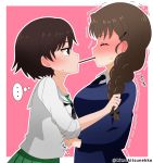  2girls blush braid braided_ponytail breasts brown_eyes brown_hair closed_eyes eyebrows_visible_through_hair food girls_und_panzer hair_ornament hair_ribbon highres isobe_noriko large_breasts long_hair looking_at_another multiple_girls ooarai_school_uniform pink_background pocky pocky_day pocky_kiss ponytail ribbon rukuriri school_uniform shiny shiny_hair short_hair simple_background size_difference small_breasts st._gloriana&#039;s_school_uniform tanutika trembling yuri 