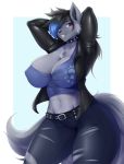  anthro bottomwear breasts canid canine canis clothing collar female fur grey_body grey_fur hi_res jacket looking_at_viewer mammal mleonheart pants shirt smile solo spiked_collar spikes topwear wolf 