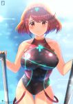  1girl artist_name bangs blush breasts brown_eyes brown_hair chinchongcha covered_navel gem headpiece highres homura_(xenoblade_2) large_breasts looking_at_viewer one-piece_swimsuit outdoors pool short_hair smile swept_bangs swimsuit xenoblade_(series) xenoblade_2 
