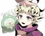  2boys aela ahoge beet_(pokemon) blonde_hair blush curly_hair duosion jacket multiple_boys open_mouth petting pink_jacket pokemon pokemon_(game) pokemon_swsh purple_eyes rose_(pokemon) short_hair smile turtleneck 