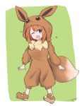  1girl ;d bangs blue_eyes blush brown_footwear commentary_request cosplay eevee eevee_(cosplay) eevee_ears eevee_tail eyebrows_behind_hair full_body gen_1_pokemon go-toubun_no_hanayome green_background hair_between_eyes heart highres hood hood_up kujou_karasuma long_sleeves nakano_yotsuba one_eye_closed open_mouth orange_hair poke_kid_(pokemon) poke_kid_(pokemon)_(cosplay) pokemon puffy_long_sleeves puffy_sleeves shoe_soles shoes signature smile solo two-tone_background upper_teeth white_background 