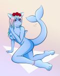  2019 absurd_res accessory anthro barefoot biped blue_body blue_skin blush breasts butt digital_media_(artwork) eyelashes female fingers fish flower hair hair_accessory hi_res long_hair long_tail marine navel nipples non-mammal_breasts nude pinup plant pose purple_eyes shark shiny_anise simple_background solo teeth wreath 