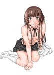  1girl all_fours amagami bangs breasts brown_eyes brown_hair clothes_removed fukudahda grin kamizaki_risa kneehighs long_hair looking_at_viewer school_uniform simple_background skirt smile solo topless white_background white_legwear 