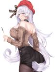  1girl absurdres aran_sweater ass azur_lane bare_shoulders belfast_(azur_lane) belfast_(shopping_with_the_head_maid)_(azur_lane) beret blush breasts brown_sweater choker cleavage commentary_request cowboy_shot earrings food hat highres holding holding_food hoop_earrings horin2509 jewelry large_breasts long_hair looking_at_viewer off-shoulder_sweater off_shoulder open_mouth pocky silver_hair simple_background skirt smile solo sweater white_background 