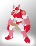  2017 absurd_res anthro armor balls biped bodily_fluids canid canine canis capcom domestic_dog erection genital_fluids hi_res humanoid_penis machine male mammal mega_man_(series) muscular muscular_male penis precum robot rush_(megaman) simple_background solo standing tongue tongue_out utx-shapeshifter video_games 