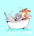  ambiguous_gender anthro bathtub blue_background bubble disney duo english_text fur green_eyes grey_body grey_fur judy_hopps lagomorph leporid low_res mammal mitsuharu nick_wilde nude orange_body orange_fur purple_eyes rabbit simple_background smile text zootopia 