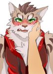  2017 5_fingers anthro blush clothed clothing domestic_cat duo felid feline felis fingers fur green_eyes hand_on_face hi_res human male mammal nekojishi open_mouth shu-chi simple_background wengekalpark white_background 