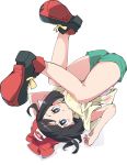  1girl :o bangs bare_legs beanie black_hair blue_eyes blush floral_print full_body green_shorts hat ixy mizuki_(pokemon) pokemon pokemon_(game) pokemon_sm red_footwear red_headwear shadow shirt shoes short_hair short_sleeves shorts simple_background sneakers solo t-shirt tied_shirt white_background yellow_shirt 