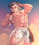  1boy abs armpit_hair bara bikini_briefs black_briefs chest_hair closed_mouth cloud cowboy_shot grey_hair gym_leader kabu_(pokemon) leg_hair looking_at_viewer male_focus male_underwear multicolored_hair muscle nipples one_eye_closed pokemon pokemon_(game) pokemon_swsh rybiokaoru see-through shirtless shorts sunset towel towel_around_neck two-tone_hair underwear wet white_shorts wiping 