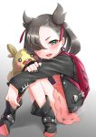  1girl :d asymmetrical_hair backpack bag bangs black_hair black_jacket black_nails choker dress gen_8_pokemon green_eyes hair_over_one_eye hair_ribbon highres jacket long_sleeves looking_at_viewer mary_(pokemon) morpeko nail_polish open_mouth pink_dress poke_ball poke_ball_(generic) pokemon pokemon_(creature) pokemon_(game) pokemon_swsh ribbon simple_background sitting smile twintails white_background yukiririn 