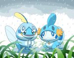  black_eyes blue_eyes closed_mouth clothed_pokemon cloud cosplay full_body gen_3_pokemon gen_8_pokemon grass mudkip mudkip_(cosplay) no_humans open_mouth pokemon pokemon_(creature) puddle rain raincoat smile sobble sobble_(cosplay) veganswampert water 