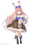  animal_ears boots bow bunny_ears copyright_request dress frilled_dress frills gilse green_eyes joycity long_hair looking_at_viewer pink_hair stuffed_animal stuffed_bunny stuffed_toy watermark 