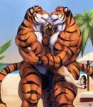  2018 anthro anthro_on_anthro barefoot beach biceps black_body black_claws black_clothing black_fur black_nose black_pawpads black_underwear blue_clothing blue_eyes blue_underwear brown_body brown_fur bulge canid canine canis claws clock clothed clothing detailed_background domestic_dog eyebrows eyes_closed felid french_kissing fur german_shepherd group group_sex herding_dog hug humanoid_hands kissing larger_male looking_at_another looking_up male male/male mammal manwiched max_(deltax3) multicolored_body multicolored_fur muscular muscular_male muscular_thighs open_mouth open_smile orange_body orange_fur outside pantherine pastoral_dog pawpads paws pecs pink_nose pink_tongue sand sandwiched seaside sex sharp_teeth signature size_difference skimpy sky smaller_male smile solaxe_(artist) standing tan_body tan_fur teeth thong tiger tongue underwear vein watch water white_belly white_body white_fur wristwatch 