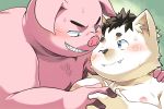  2015 3:2 anthro blush canid canine canis domestic_dog domestic_pig male male/male mammal nikubo slightly_chubby smile suid suina sus_(pig) 
