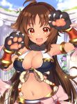  1girl :d absurdres antenna_hair arm_up bangs bare_shoulders black_gloves blue_sky breasts brown_hair cleavage cloud commentary_request crop_top day eyebrows_visible_through_hair fang flower gloves hair_flaps hand_up highres ken_pyatsu kyan_kaori large_breasts long_hair midriff navel open_mouth outdoors parted_bangs paw_gloves paws pink_flower princess_connect! princess_connect!_re:dive red_eyes sky smile solo upper_body v-shaped_eyebrows very_long_hair 