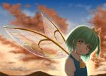  1girl backlighting blue_vest bosutonii cloud cravat daiyousei fairy_wings from_side gradient_sky green_eyes green_hair hair_ribbon head_tilt highres light_particles looking_at_viewer mountain mountainous_horizon open_mouth outdoors puffy_short_sleeves puffy_sleeves ribbon shirt short_hair short_sleeves side_ponytail sky solo standing touhou twilight upper_body upper_teeth vest white_shirt wings yellow_neckwear yellow_ribbon 