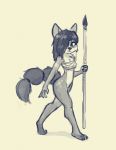  anthro bandage bluedouble bottomless canid canine clothed clothing female fox hi_res holding_object holding_weapon krystal looking_at_viewer mammal melee_weapon monochrome nintendo polearm simple_background solo spear star_fox tan_background video_games weapon 