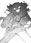  1girl absurdres girls_frontline gun highres holding holding_weapon long_hair monochrome no_pupils pa-15_(girls_frontline) sketch smile solo takoongyi wavy_hair weapon 