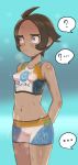  ... 1girl 2equal8 ? bodypaint breasts brown_hair covered_nipples grey_eyes gym_shorts gym_trainer_(pokemon) highres naked_paint navel npc_trainer painted_clothes pokemon pokemon_(game) pokemon_swsh pussy sanpaku short_hair shorts simple_background small_breasts solo speech_bubble spoken_ellipsis spoken_question_mark sports_bra standing sweat thick_eyebrows tomboy 