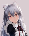  1girl animal_ear_fluff animal_ears apron artist_name bangs borrowed_character brown_background cat_ears cat_girl closed_mouth commentary feiqizi_(fkey) grey_hair hair_between_eyes haneru highres juliet_sleeves long_hair long_sleeves looking_at_viewer maid neck_ribbon original puffy_sleeves red_eyes red_neckwear red_ribbon ribbon simple_background solo upper_body white_apron 