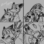  1:1 absurd_res ambiguous_gender angry anthro buckteeth bunny_ears_(gesture) canid canine clothed clothing comic disney duo fox gesture hi_res judy_hopps lagomorph leporid mammal monochrome necktie nick_wilde rabbit red_fox sharp_teeth shirt smile teeth topwear wandererlink zootopia 