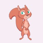  1:1 absurd_res animal_genitalia anthro balls brown_body brown_fur buckteeth fluffy fluffy_tail fur hi_res inner_ear_fluff looking_at_viewer male mammal nemo_nutkin_(character) nemonutkin nude rodent sciurid sheath simple_background solo standing teeth tuft white_background 