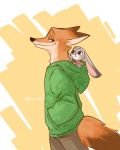  ambiguous_gender anthro bottomwear canid canine clothed clothing dipstick_ears dipstick_tail disney duo fluffy fluffy_tail fox fully_clothed fur grey_body grey_fur hoodie judy_hopps ker_nut lagomorph leporid mammal multicolored_ears multicolored_tail nick_wilde orange_body orange_fur pants purple_eyes rabbit red_fox simple_background size_difference smile topwear yellow_background zootopia 