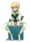  1girl akatsuki_kirika blonde_hair blush breasts closed_mouth commentary_request covered_navel covered_nipples elbow_gloves gloves green_eyes green_leotard hair_ornament highres leotard looking_at_viewer medium_breasts senki_zesshou_symphogear shiny shiny_clothes shiny_hair shiny_skin short_hair shunzou sitting skin_tight smile solo spread_legs striped striped_legwear thighhighs thighhighs_pull x_hair_ornament 