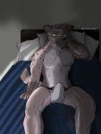  2019 absurd_res anthro apache_(artist) bed black_nose brown_body brown_fur brown_hair bulge canid canine clothing digital_media_(artwork) erection erection_under_clothing fur furniture hair hand_on_head hi_res hyaenid jockstrap looking_down male mammal morning_wood muscular muscular_male nipples on_bed pecs penis_outline smile solo spots spotted_body spotted_fur spotted_hyena tan_body tan_fur tenting underwear white_body white_clothing white_fur white_underwear yellow_sclera 