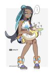  1girl bare_arms bare_shoulders black_hair blue_eyes blue_hair crop_top dark_skin dog earrings full_body gen_8_pokemon gym_leader half-closed_eyes hoop_earrings jewelry kumo_suzume long_hair lying multicolored_hair necklace on_back parted_lips petting pokemon pokemon_(creature) pokemon_(game) pokemon_swsh rurina_(pokemon) sandals short_shorts shorts sitting tongue tongue_out translation_request twitter_username two-tone_background two-tone_hair very_long_hair white_background white_footwear yamper 