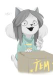  anthro bottomless canid canine clothed clothing dialogue felid feline female gesture grey_hair hair looking_at_viewer mammal meammy open_mouth open_smile shirt smile solo standing straight_hair striped_shirt tem temmie_(undertale) topwear undertale video_games waving 